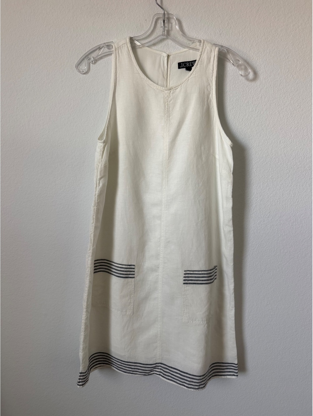 J. Crew White/Cream 100% Linen Sleeveless Striped Trim Pockets Dress Size XS